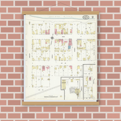 Old map wall art mockup — magnetic wood frame on brick wall — Sanborn Fire Insurance Map from Piketon, Pike County, Ohio (1911), Sheet #0002