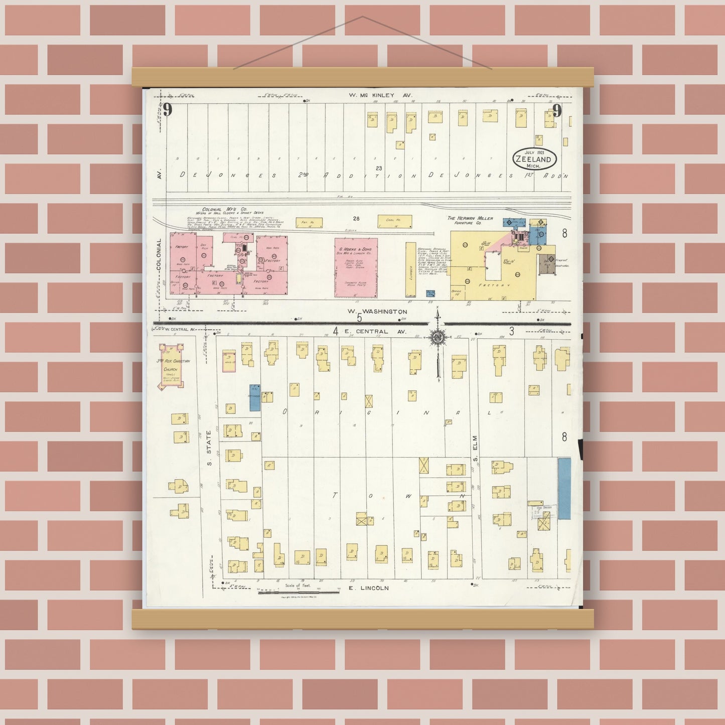 Old map wall art mockup — magnetic wood frame on brick wall — Sanborn Fire Insurance Map from Zeeland, Ottawa County, Michigan (1923), Sheet #0009