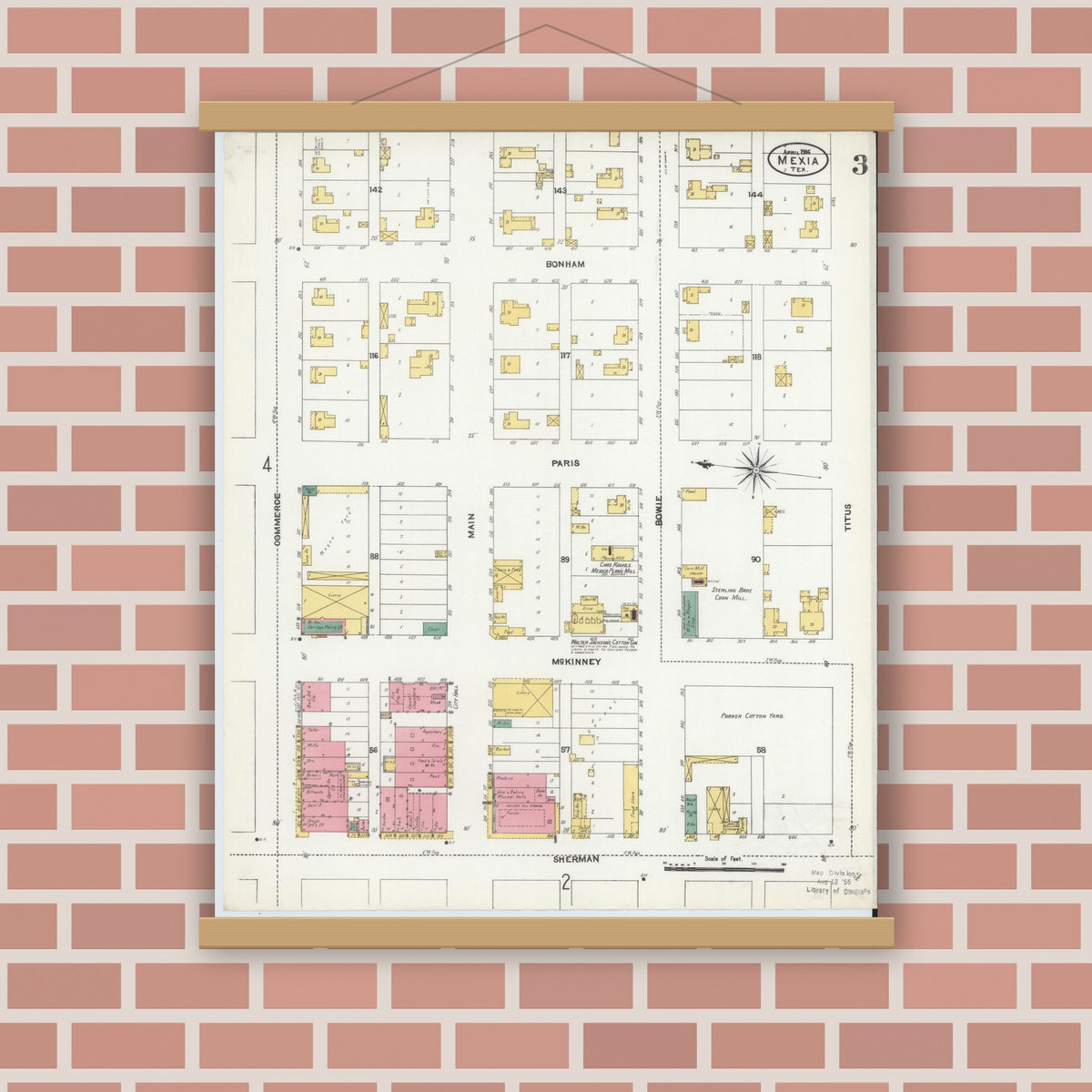 Old map wall art mockup — magnetic wood frame on brick wall — Sanborn Fire Insurance Map from Mexia, Limestone County, Texas (1906), Sheet #0003