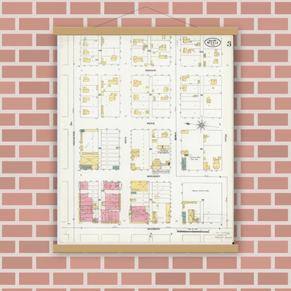 Old map wall art mockup — magnetic wood frame on brick wall — Sanborn Fire Insurance Map from Mexia, Limestone County, Texas (1906), Sheet #0003