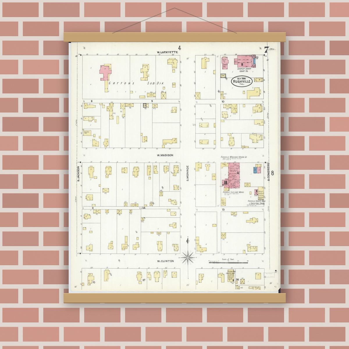 Old map wall art mockup — magnetic wood frame on brick wall — Sanborn Fire Insurance Map from Rushville, Schuyler County, Illinois (1906), Sheet #0007