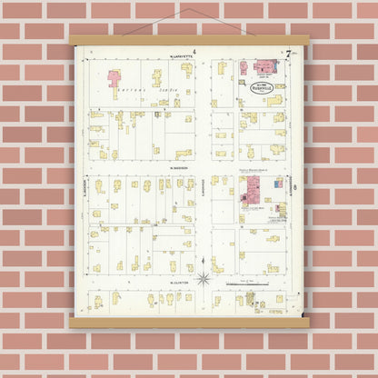 Old map wall art mockup — magnetic wood frame on brick wall — Sanborn Fire Insurance Map from Rushville, Schuyler County, Illinois (1906), Sheet #0007