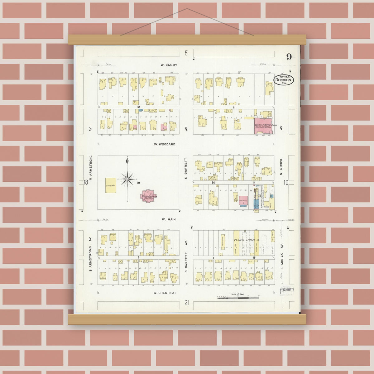 Old map wall art mockup — magnetic wood frame on brick wall — Sanborn Fire Insurance Map from Denison, Grayson County, Texas (1908), Sheet #0009