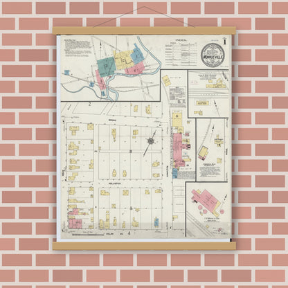 Old map wall art mockup — magnetic wood frame on brick wall — Sanborn Fire Insurance Map from Monroeville, Huron County, Ohio (1911), Sheet #0001