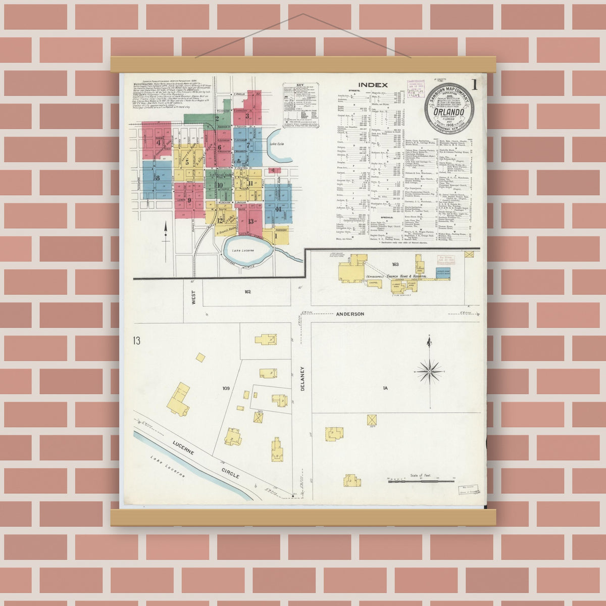Old map wall art mockup — magnetic wood frame on brick wall — Sanborn Fire Insurance Map from Orlando, Orange County, Florida (1908), Sheet #0001