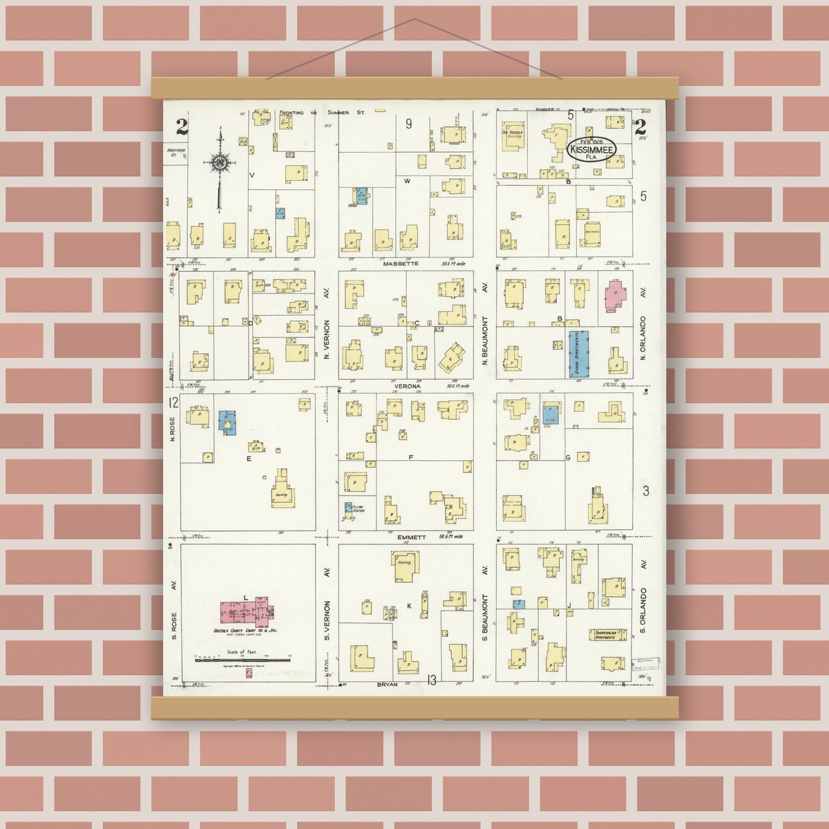 Old map wall art mockup — magnetic wood frame on brick wall — Sanborn Fire Insurance Map from Kissimmee, Osceola County, Florida (1926), Sheet #0002