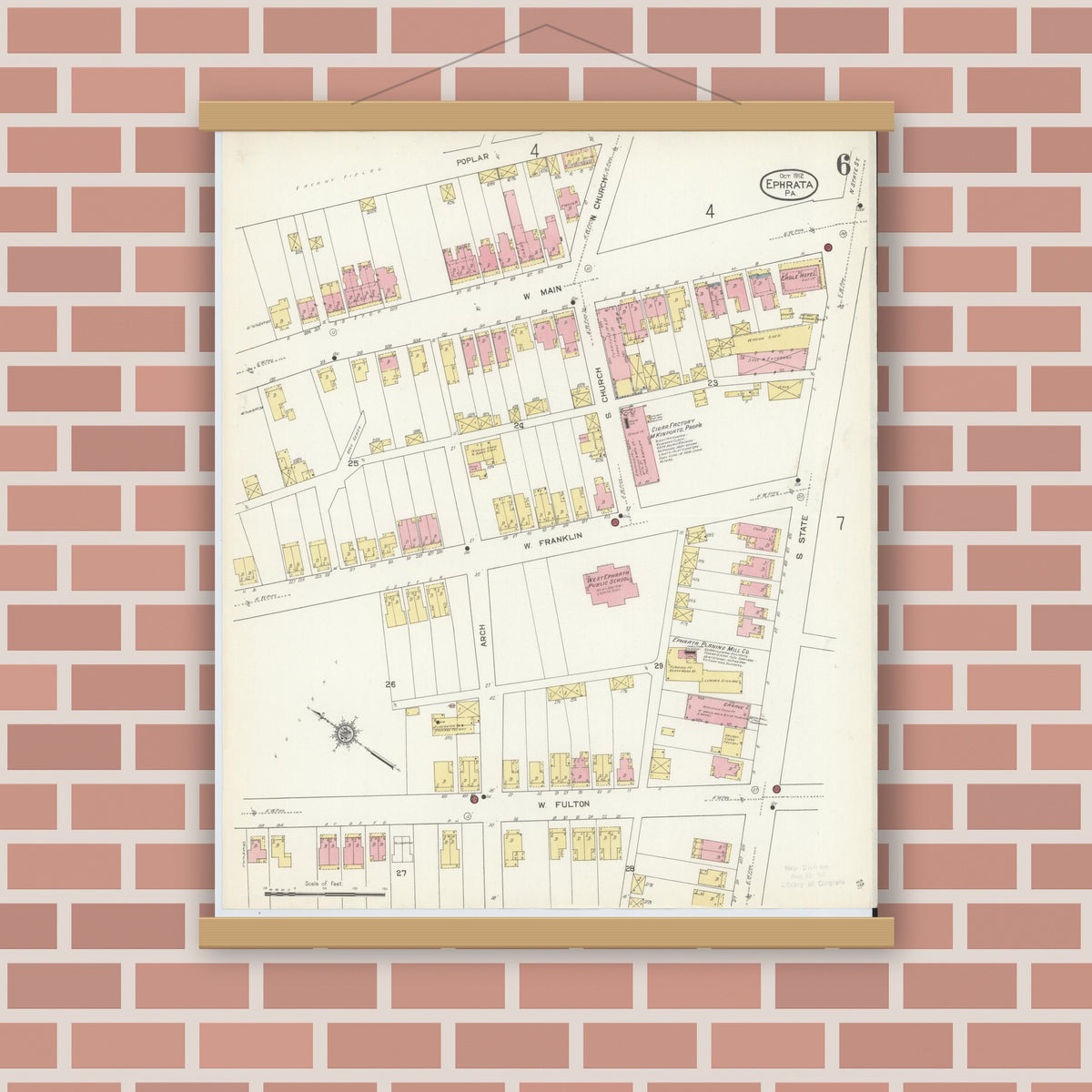 Old map wall art mockup — magnetic wood frame on brick wall — Sanborn Fire Insurance Map from Ephrata, Lancaster County, Pennsylvania (1912), Sheet #0006