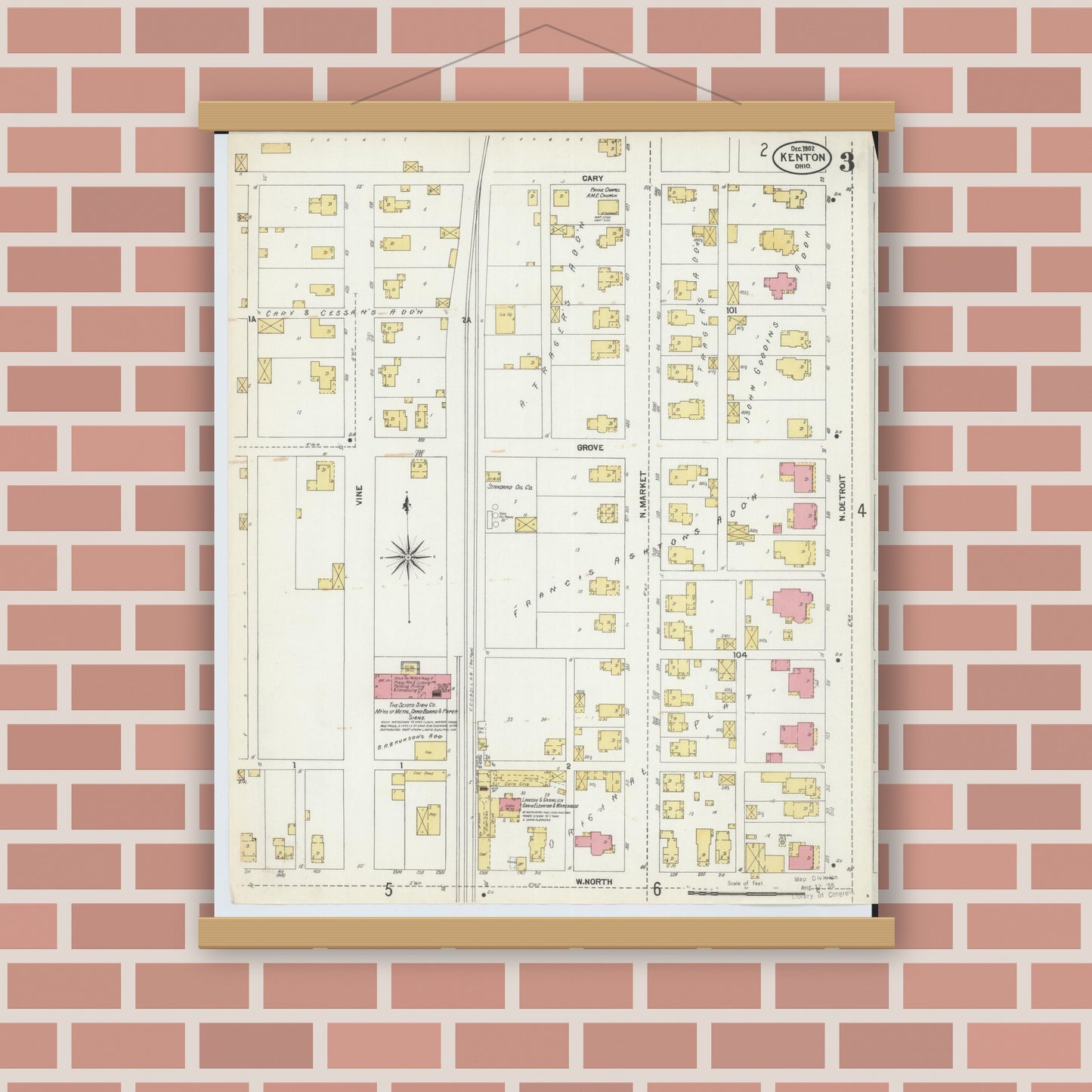 Old map wall art mockup — magnetic wood frame on brick wall — Sanborn Fire Insurance Map from Kenton, Hardin County, Ohio (1902), Sheet #0003