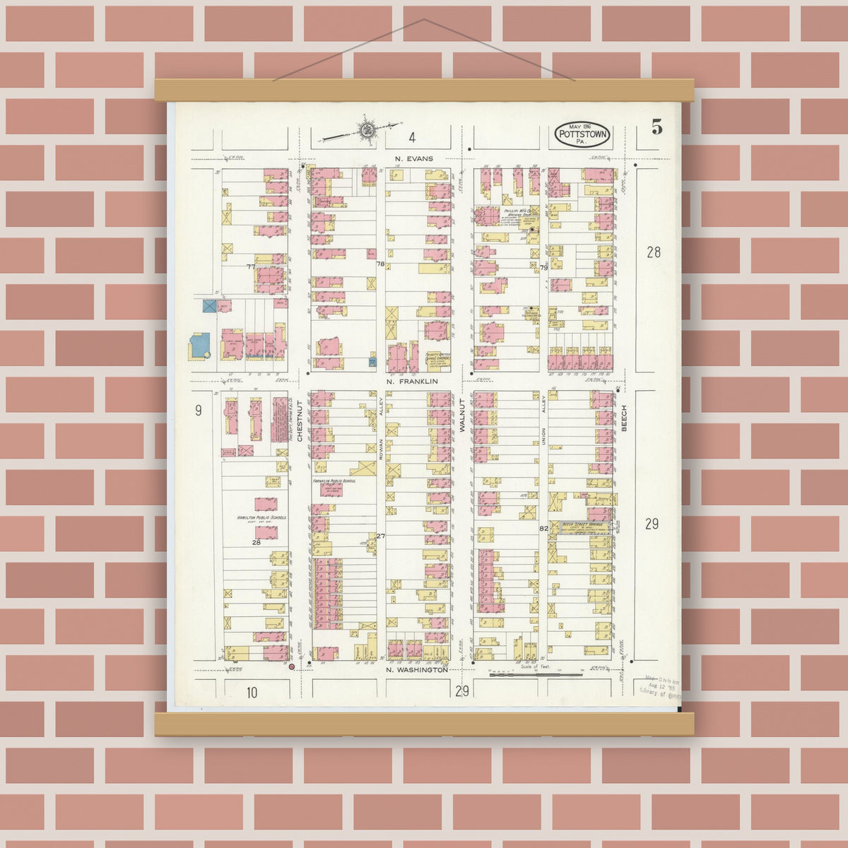 Old map wall art mockup — magnetic wood frame on brick wall — Sanborn Fire Insurance Map from Pottstown, Montgomery County, Pennsylvania (1916), Sheet #0005