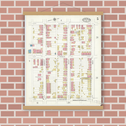 Old map wall art mockup — magnetic wood frame on brick wall — Sanborn Fire Insurance Map from Pottstown, Montgomery County, Pennsylvania (1916), Sheet #0005