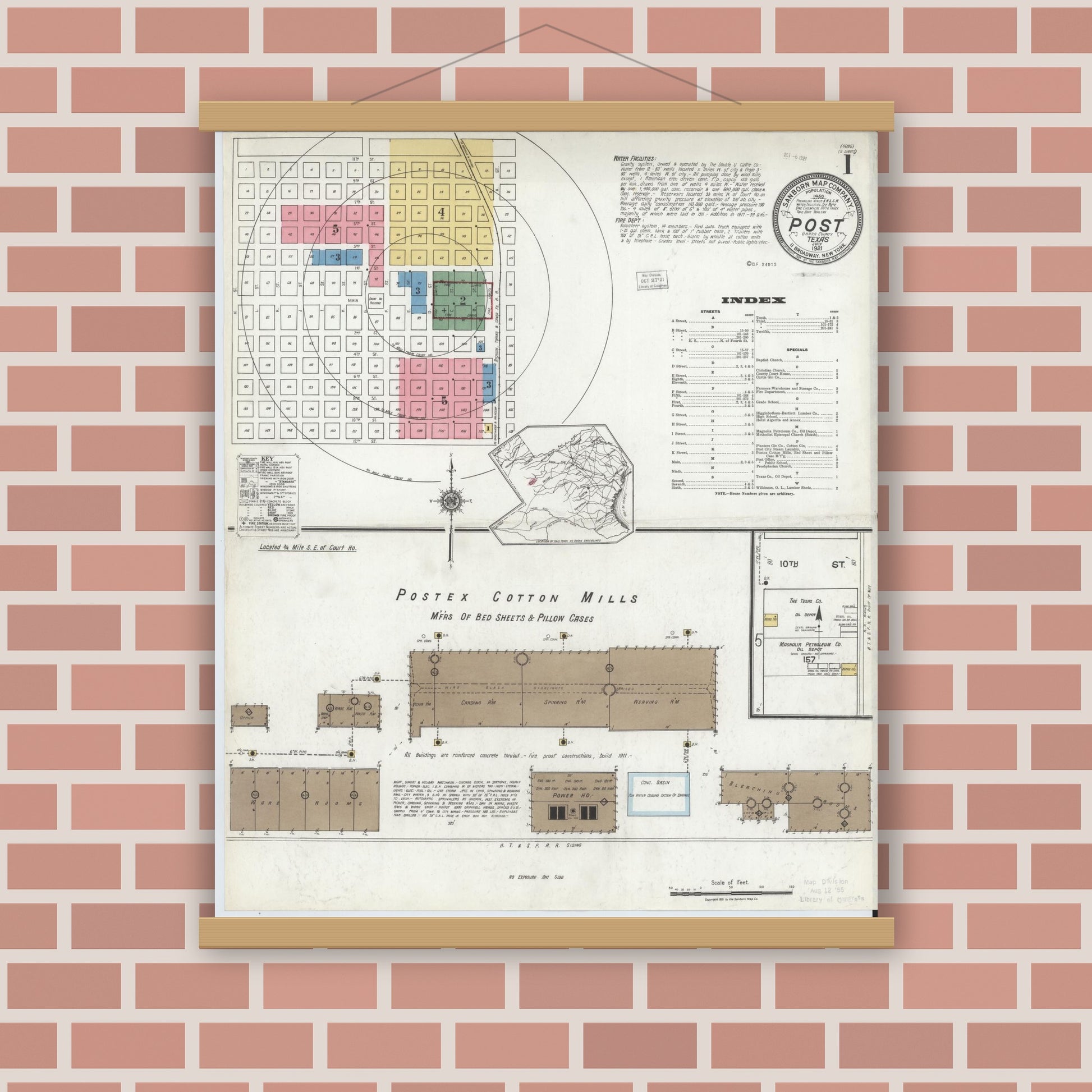 Old map wall art mockup — magnetic wood frame on brick wall — Sanborn Fire Insurance Map from Post, Garza County, Texas (1921), Sheet #0001