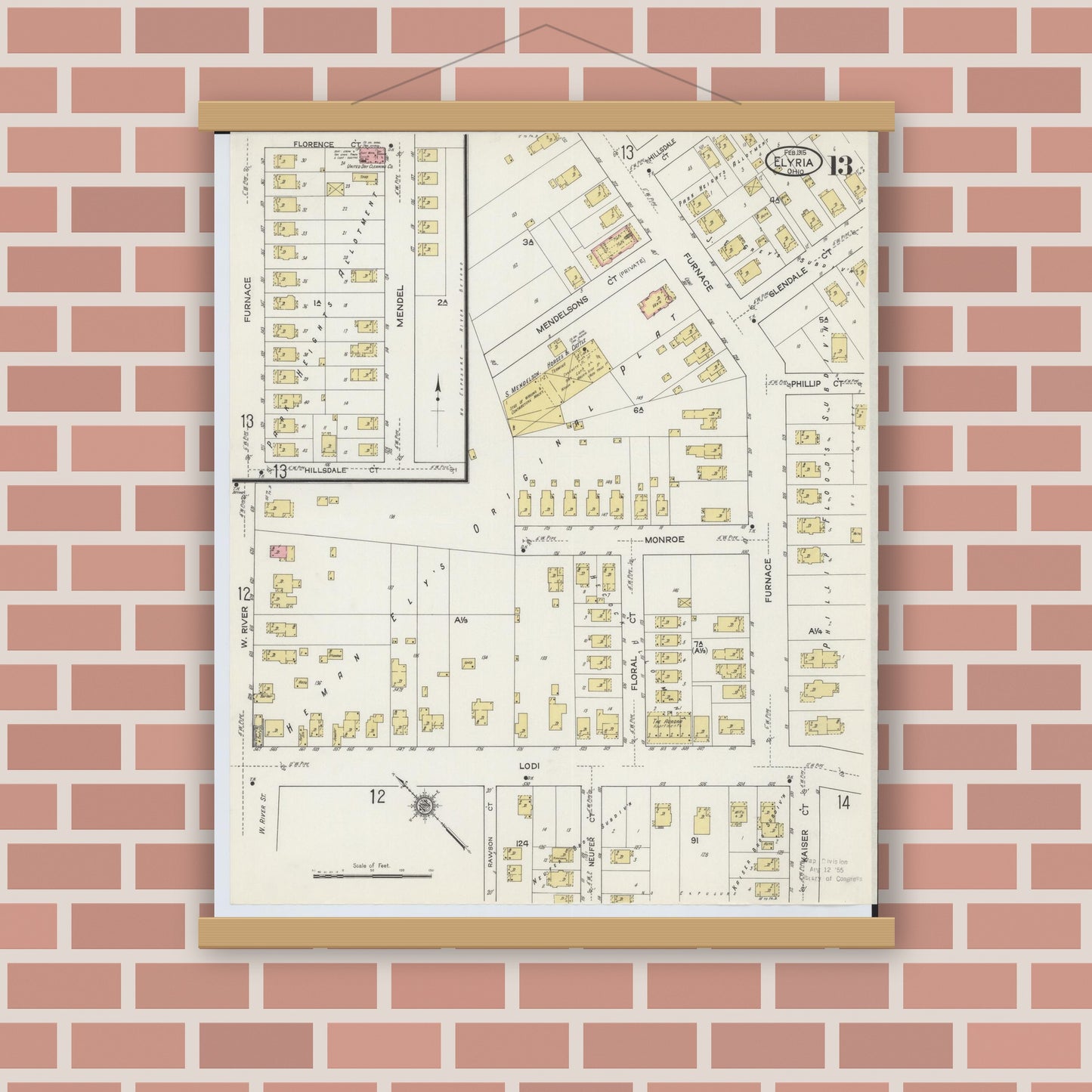 Old map wall art mockup — magnetic wood frame on brick wall — Sanborn Fire Insurance Map from Elyria, Lorain County, Ohio (1915), Sheet #0013