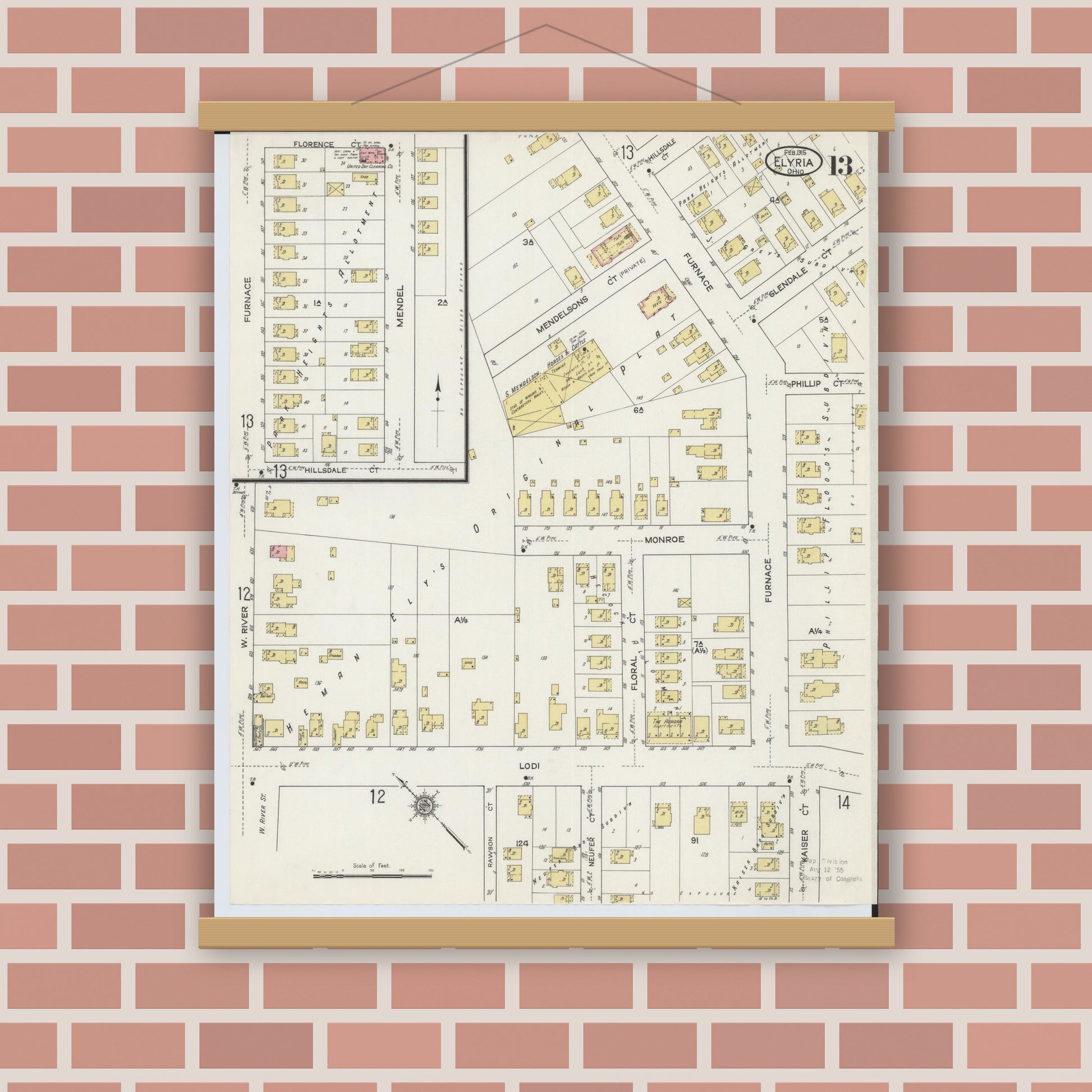 Old map wall art mockup — magnetic wood frame on brick wall — Sanborn Fire Insurance Map from Elyria, Lorain County, Ohio (1915), Sheet #0013