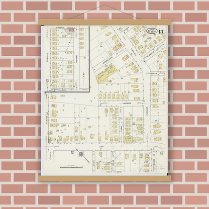 Old map wall art mockup — magnetic wood frame on brick wall — Sanborn Fire Insurance Map from Elyria, Lorain County, Ohio (1915), Sheet #0013