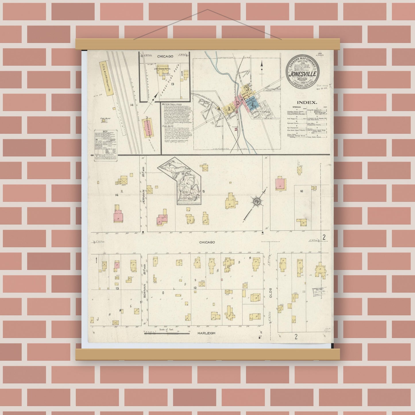 Old map wall art mockup — magnetic wood frame on brick wall — Sanborn Fire Insurance Map from Jonesville, Hillsdale County, Michigan (1913) - Complete Map Set
