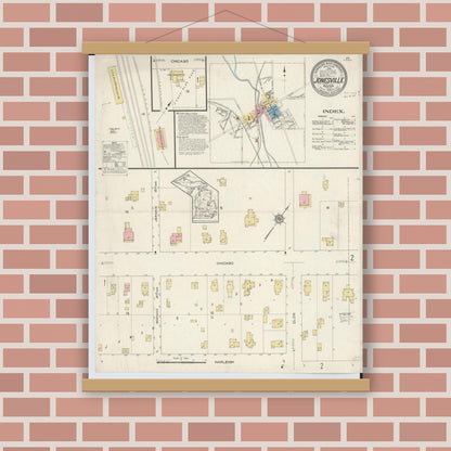 Old map wall art mockup — magnetic wood frame on brick wall — Sanborn Fire Insurance Map from Jonesville, Hillsdale County, Michigan (1913) - Complete Map Set