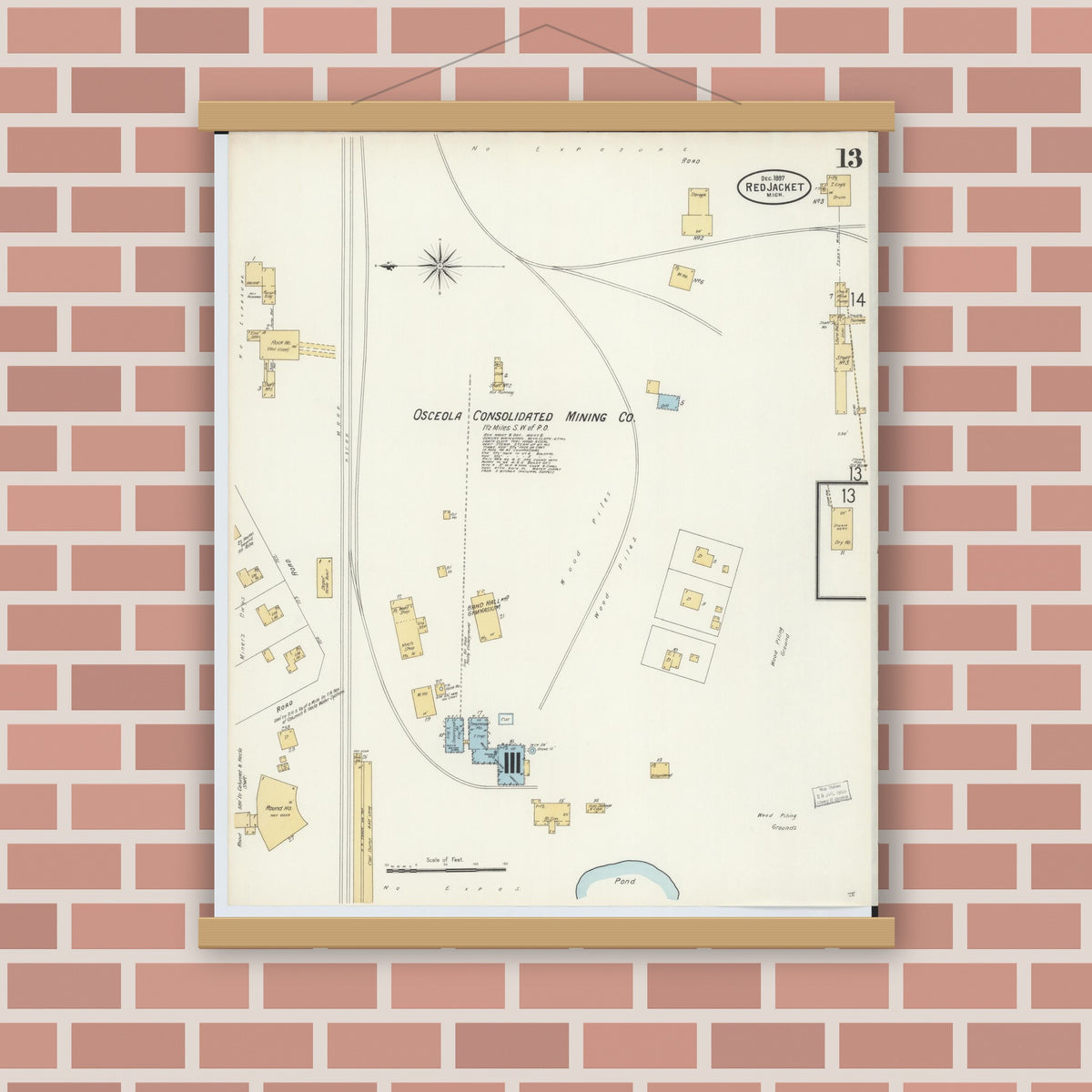 Old map wall art mockup — magnetic wood frame on brick wall — Sanborn Fire Insurance Map from Red Jacket, Houghton County, Michigan (1897), Sheet #0013