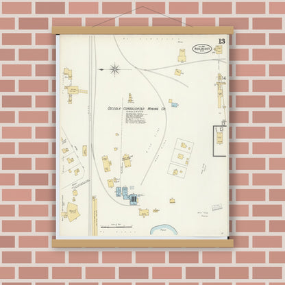 Old map wall art mockup — magnetic wood frame on brick wall — Sanborn Fire Insurance Map from Red Jacket, Houghton County, Michigan (1897), Sheet #0013