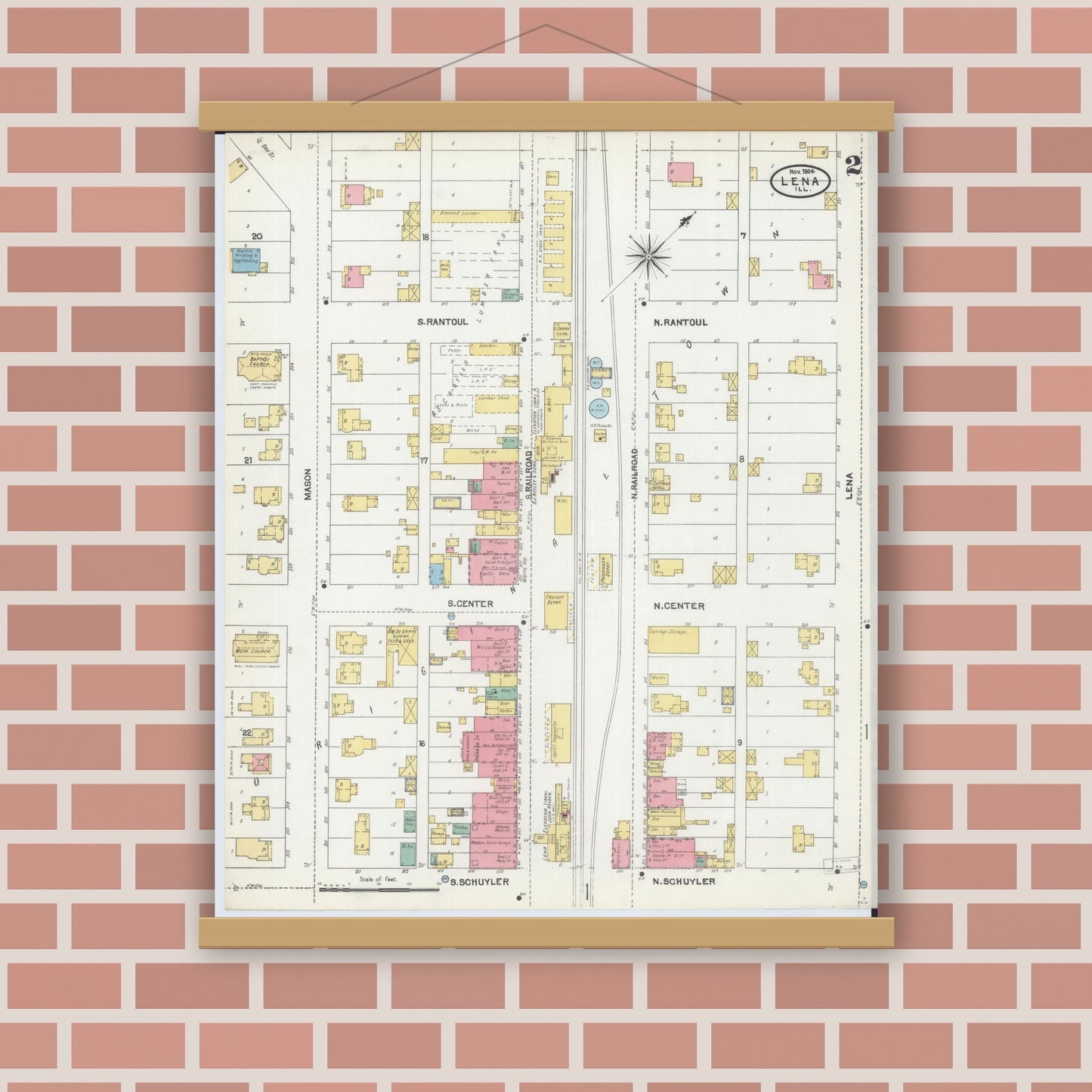 Old map wall art mockup — magnetic wood frame on brick wall — Sanborn Fire Insurance Map from Lena, Stephenson County, Illinois (1904), Sheet #0002