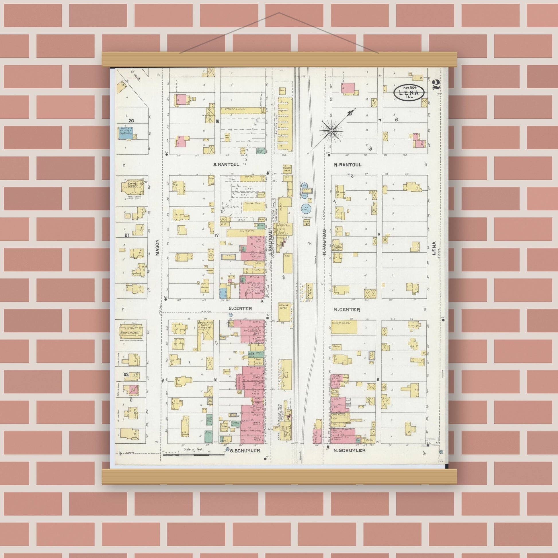 Old map wall art mockup — magnetic wood frame on brick wall — Sanborn Fire Insurance Map from Lena, Stephenson County, Illinois (1904), Sheet #0002