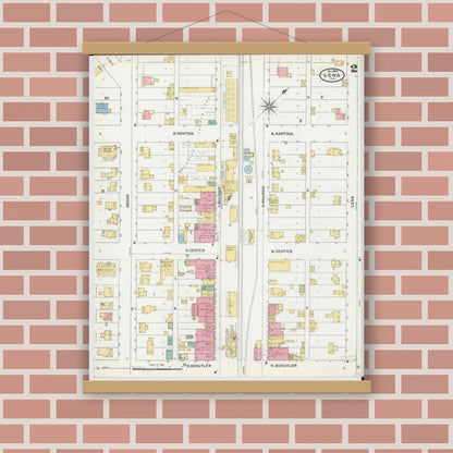 Old map wall art mockup — magnetic wood frame on brick wall — Sanborn Fire Insurance Map from Lena, Stephenson County, Illinois (1904), Sheet #0002