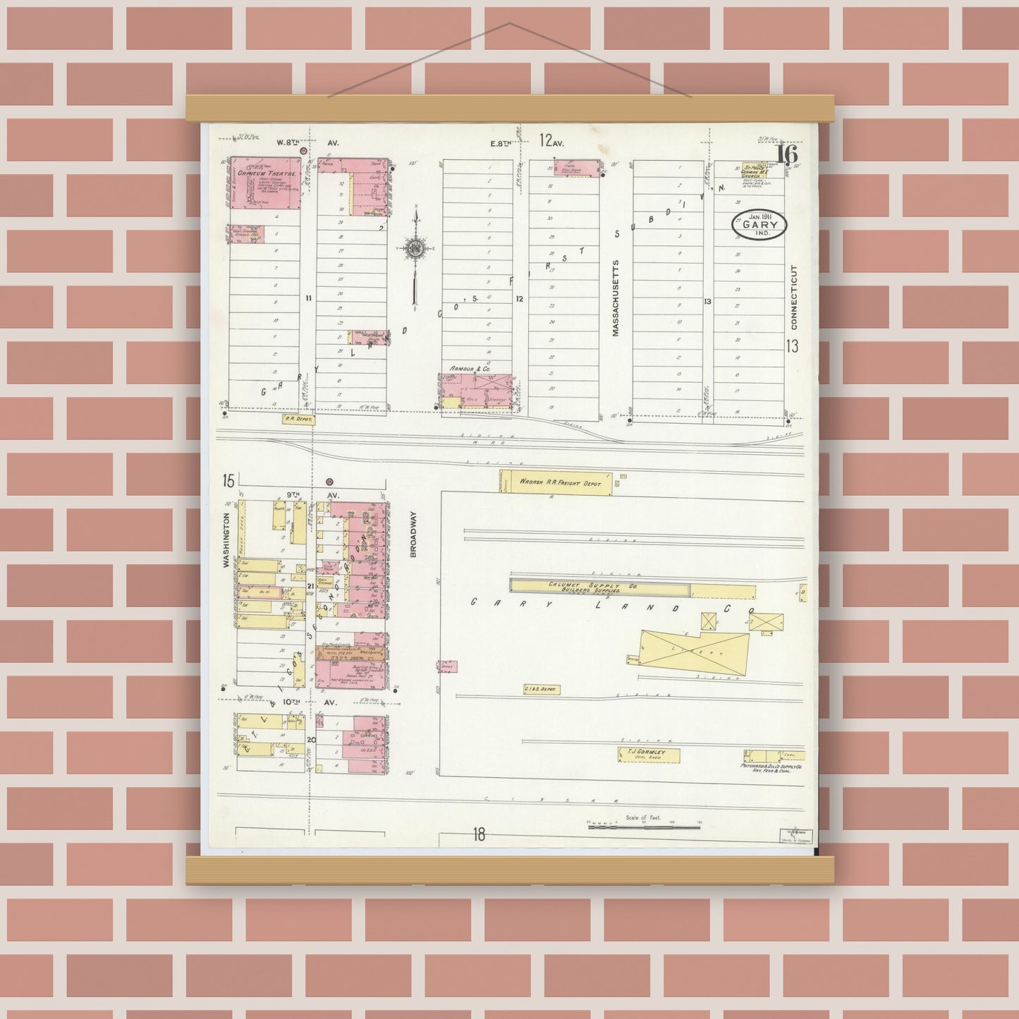 Old map wall art mockup — magnetic wood frame on brick wall — Sanborn Fire Insurance Map from Gary, Lake County, Indiana (1911), Sheet #0016