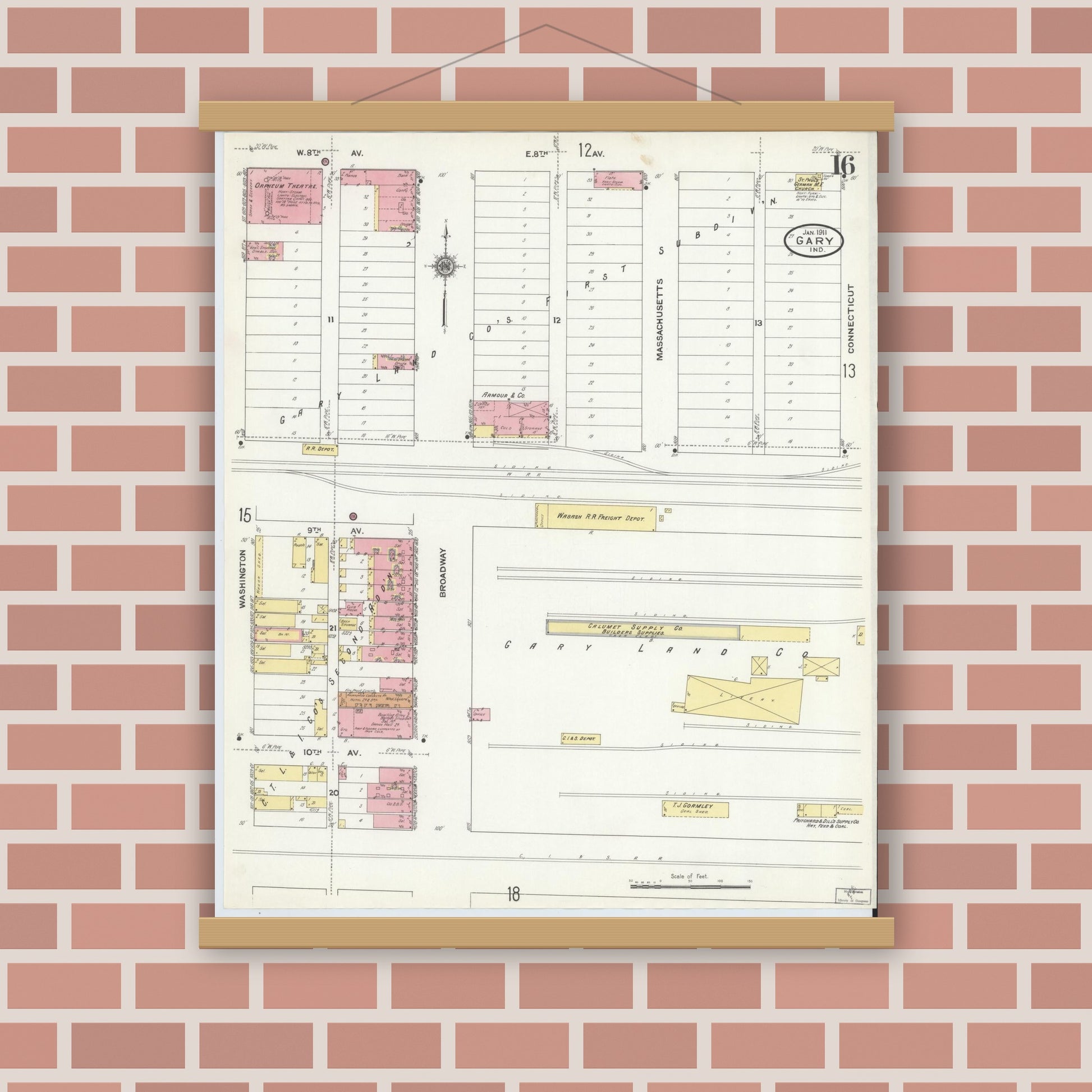 Old map wall art mockup — magnetic wood frame on brick wall — Sanborn Fire Insurance Map from Gary, Lake County, Indiana (1911), Sheet #0016