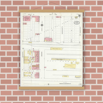 Old map wall art mockup — magnetic wood frame on brick wall — Sanborn Fire Insurance Map from Gary, Lake County, Indiana (1911), Sheet #0016