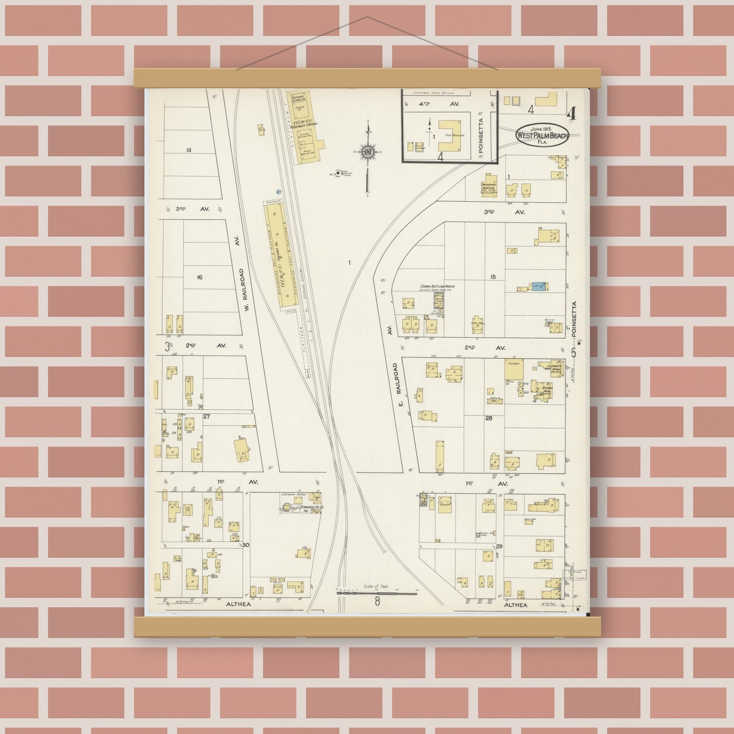 Old map wall art mockup — magnetic wood frame on brick wall — Sanborn Fire Insurance Map from West Palm Beach, Dade County, Florida (1915), Sheet #0004