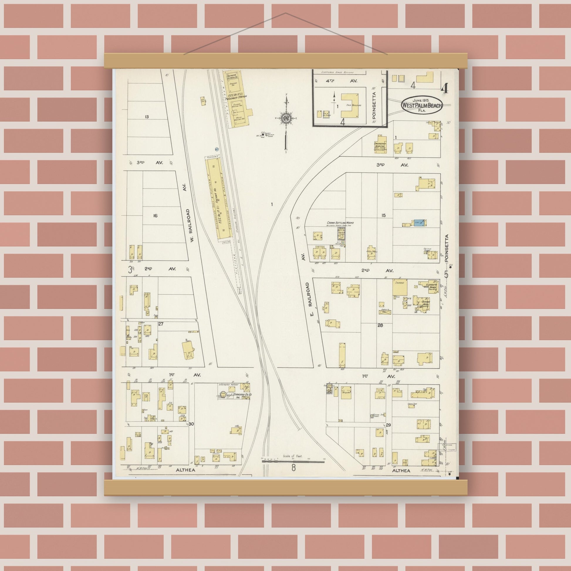 Old map wall art mockup — magnetic wood frame on brick wall — Sanborn Fire Insurance Map from West Palm Beach, Dade County, Florida (1915), Sheet #0004