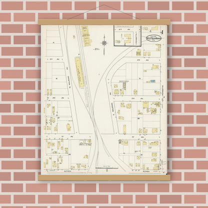 Old map wall art mockup — magnetic wood frame on brick wall — Sanborn Fire Insurance Map from West Palm Beach, Dade County, Florida (1915), Sheet #0004