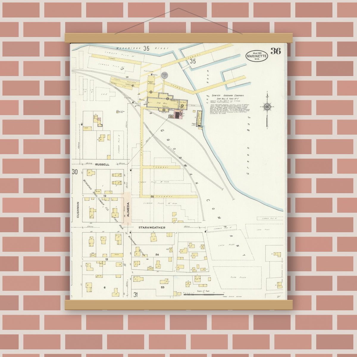 Old map wall art mockup — magnetic wood frame on brick wall — Sanborn Fire Insurance Map from Marinette, Marinette County, Wisconsin (1910), Sheet #0036