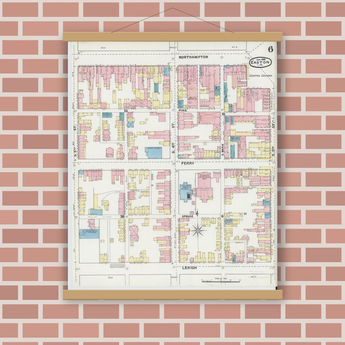 Old map wall art mockup — magnetic wood frame on brick wall — Sanborn Fire Insurance Map from Easton, Northampton County, Pennsylvania (1892), Sheet #0006