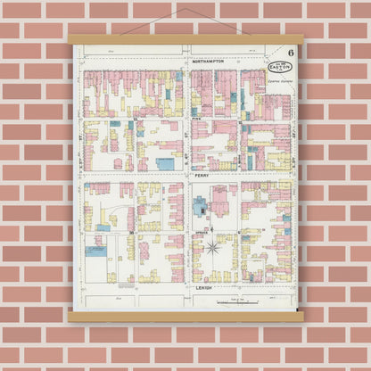 Old map wall art mockup — magnetic wood frame on brick wall — Sanborn Fire Insurance Map from Easton, Northampton County, Pennsylvania (1892), Sheet #0006