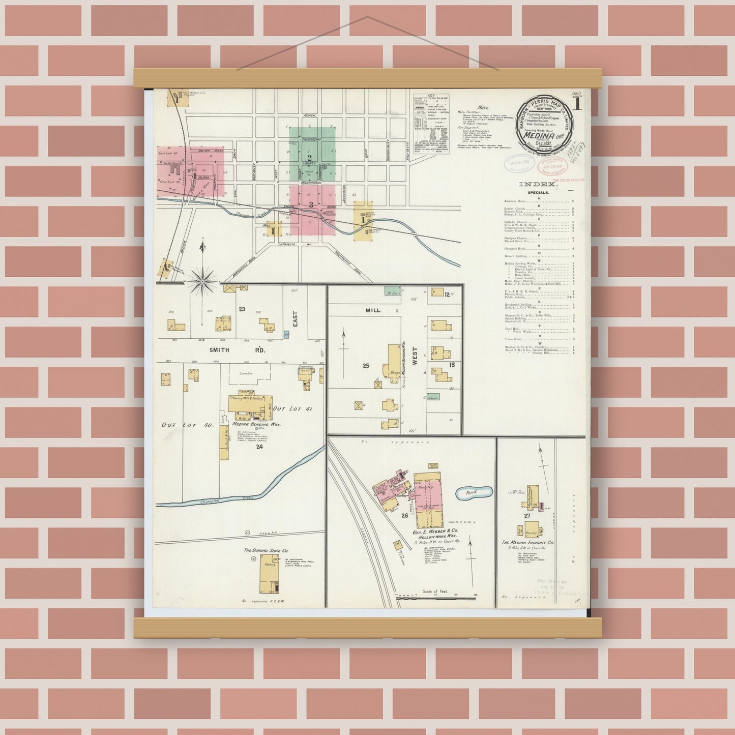 Old map wall art mockup — magnetic wood frame on brick wall — Sanborn Fire Insurance Map from Medina, Medina County, Ohio (1897) - Complete Map Set