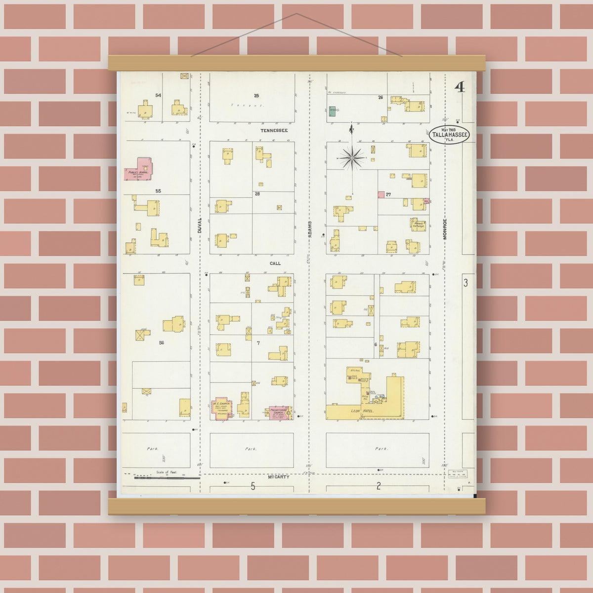 Old map wall art mockup — magnetic wood frame on brick wall — Sanborn Fire Insurance Map from Tallahassee, Leon County, Florida (1903), Sheet #0004