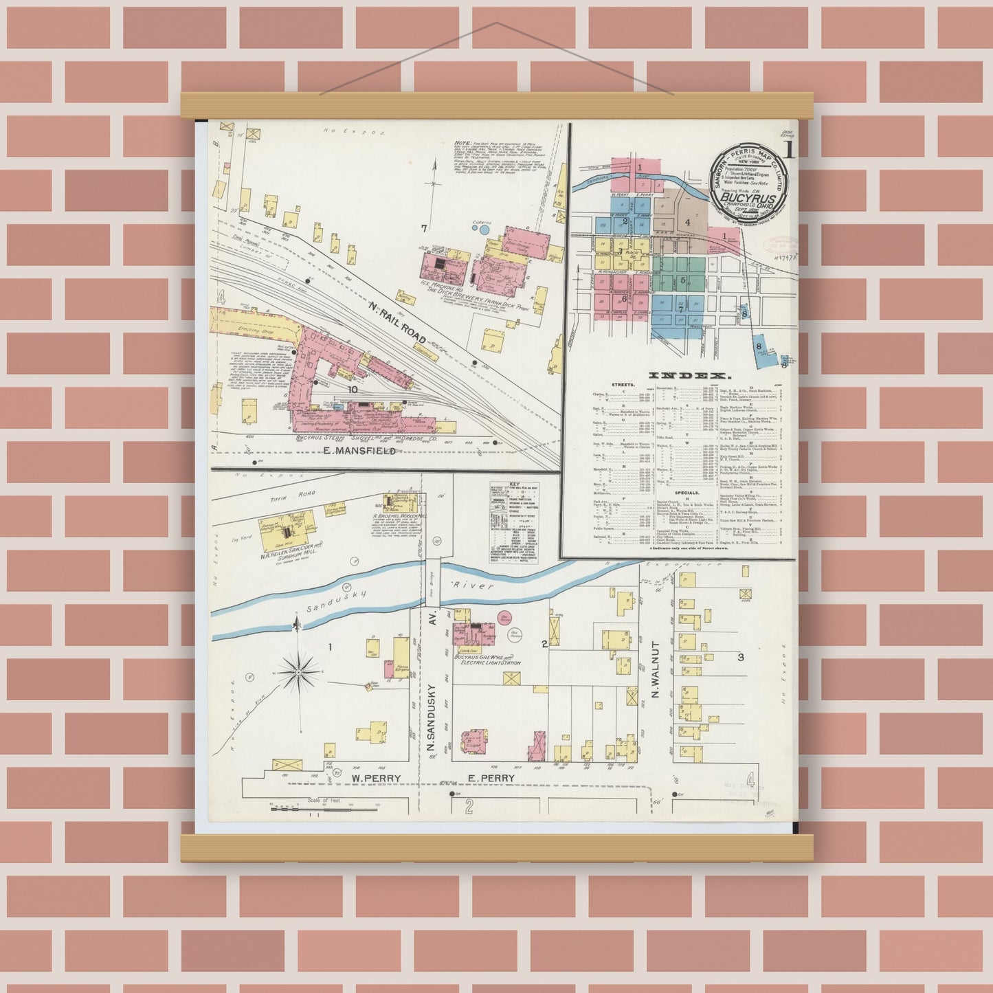 Old map wall art mockup — magnetic wood frame on brick wall — Sanborn Fire Insurance Map from Bucyrus, Crawford County, Ohio (1892), Sheet #0001