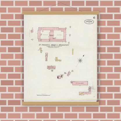 Old map wall art mockup — magnetic wood frame on brick wall — Sanborn Fire Insurance Map from Latrobe, Westmoreland County, Pennsylvania (1887), Sheet #0006