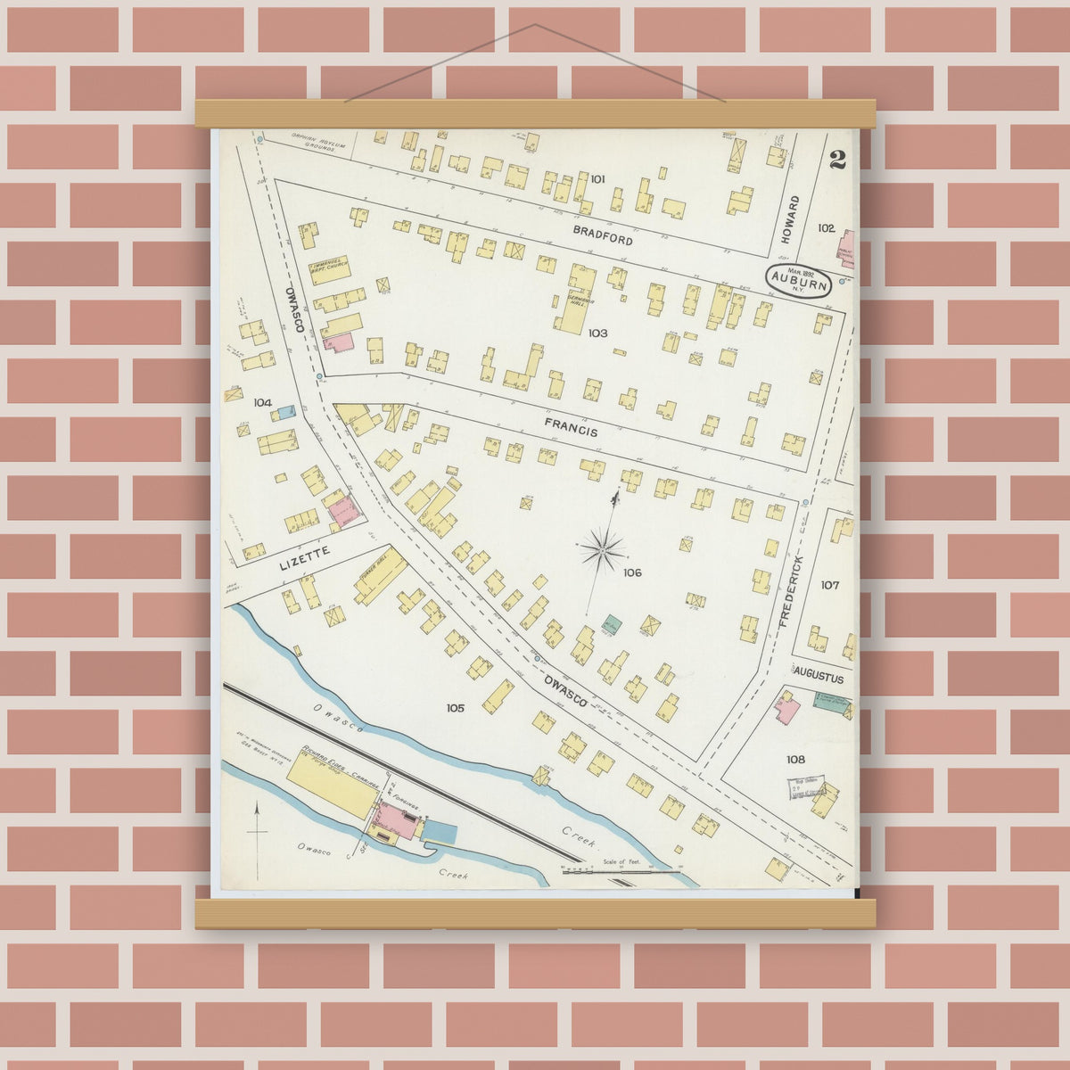 Old map wall art mockup — magnetic wood frame on brick wall — Sanborn Fire Insurance Map from Auburn, Cayuga County, New York (1892) - Complete Map Set