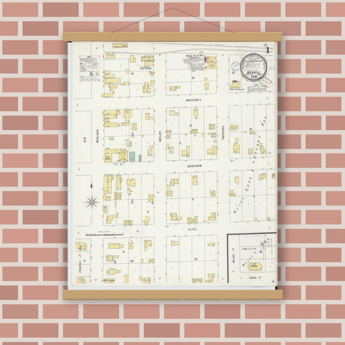Old map wall art mockup — magnetic wood frame on brick wall — Sanborn Fire Insurance Map from Merrill, Saginaw County, Michigan (1899), Sheet #0001