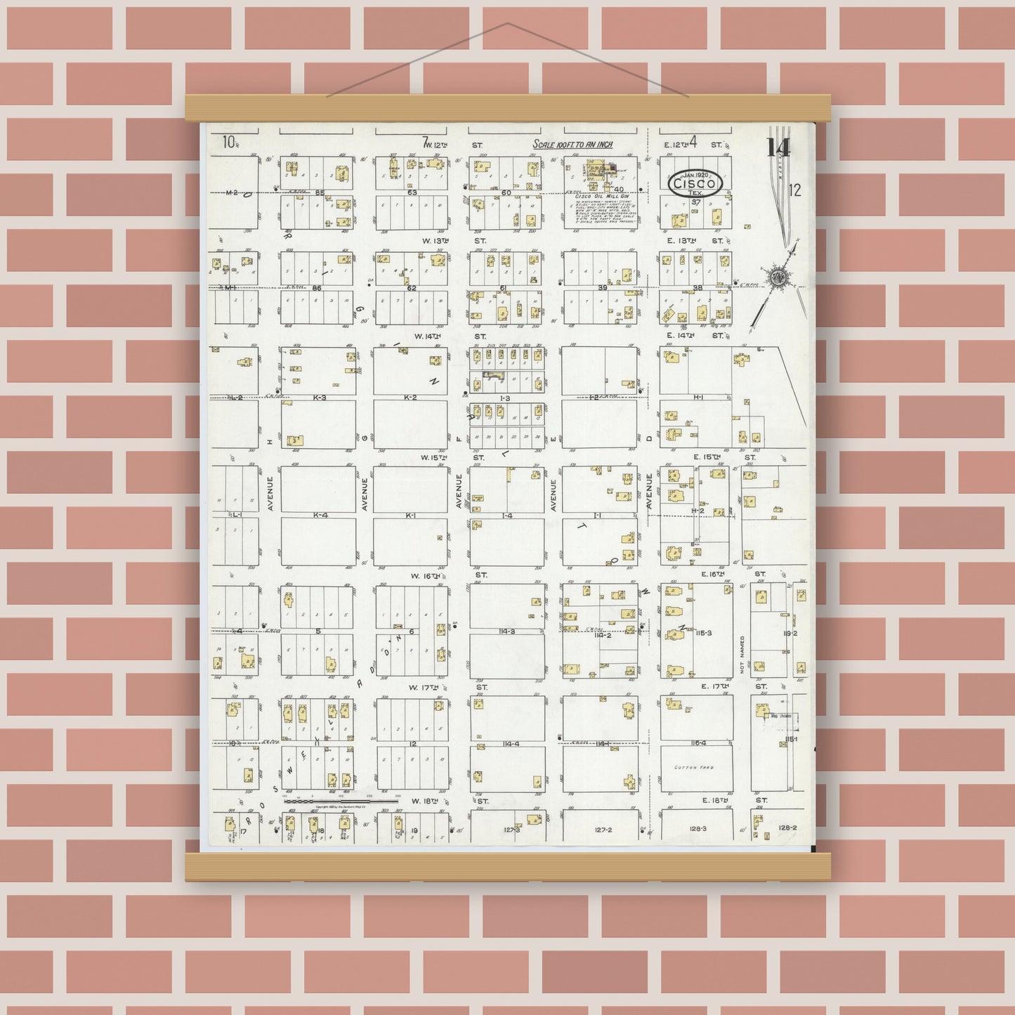 Old map wall art mockup — magnetic wood frame on brick wall — Sanborn Fire Insurance Map from Cisco, Eastland County, Texas (1920), Sheet #0014
