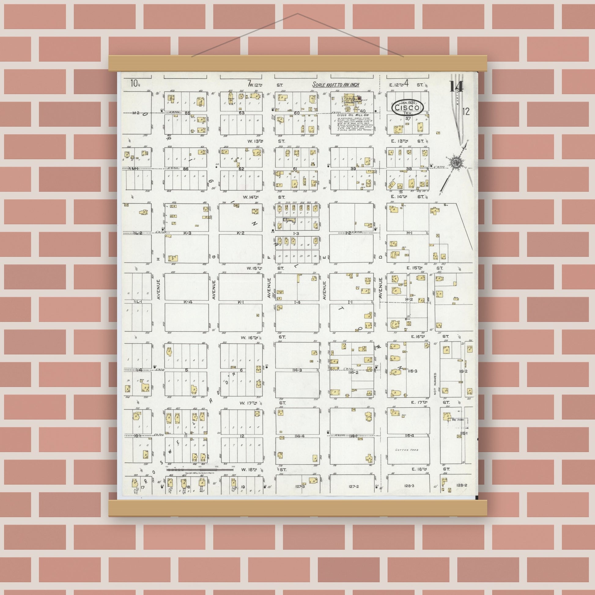 Old map wall art mockup — magnetic wood frame on brick wall — Sanborn Fire Insurance Map from Cisco, Eastland County, Texas (1920), Sheet #0014