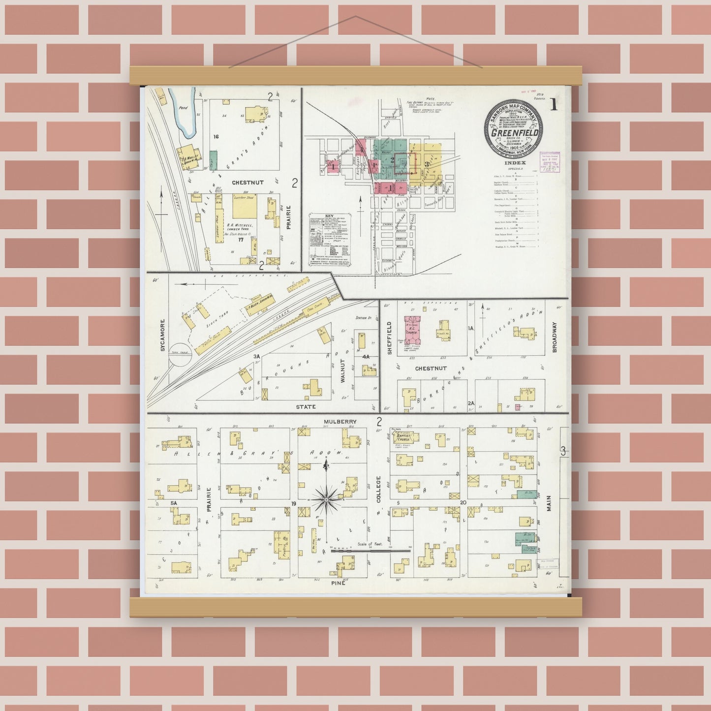 Old map wall art mockup — magnetic wood frame on brick wall — Sanborn Fire Insurance Map from Greenfield, Greene County, Illinois (1906) - Complete Map Set