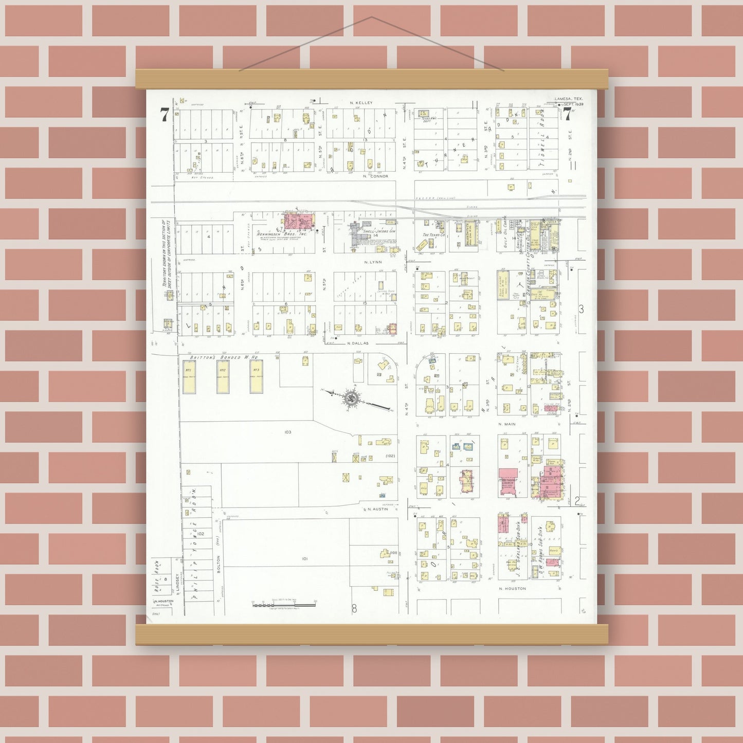 Old map wall art mockup — magnetic wood frame on brick wall — Sanborn Fire Insurance Map from Lamesa, Dawson County, Texas (1939), Sheet #0007