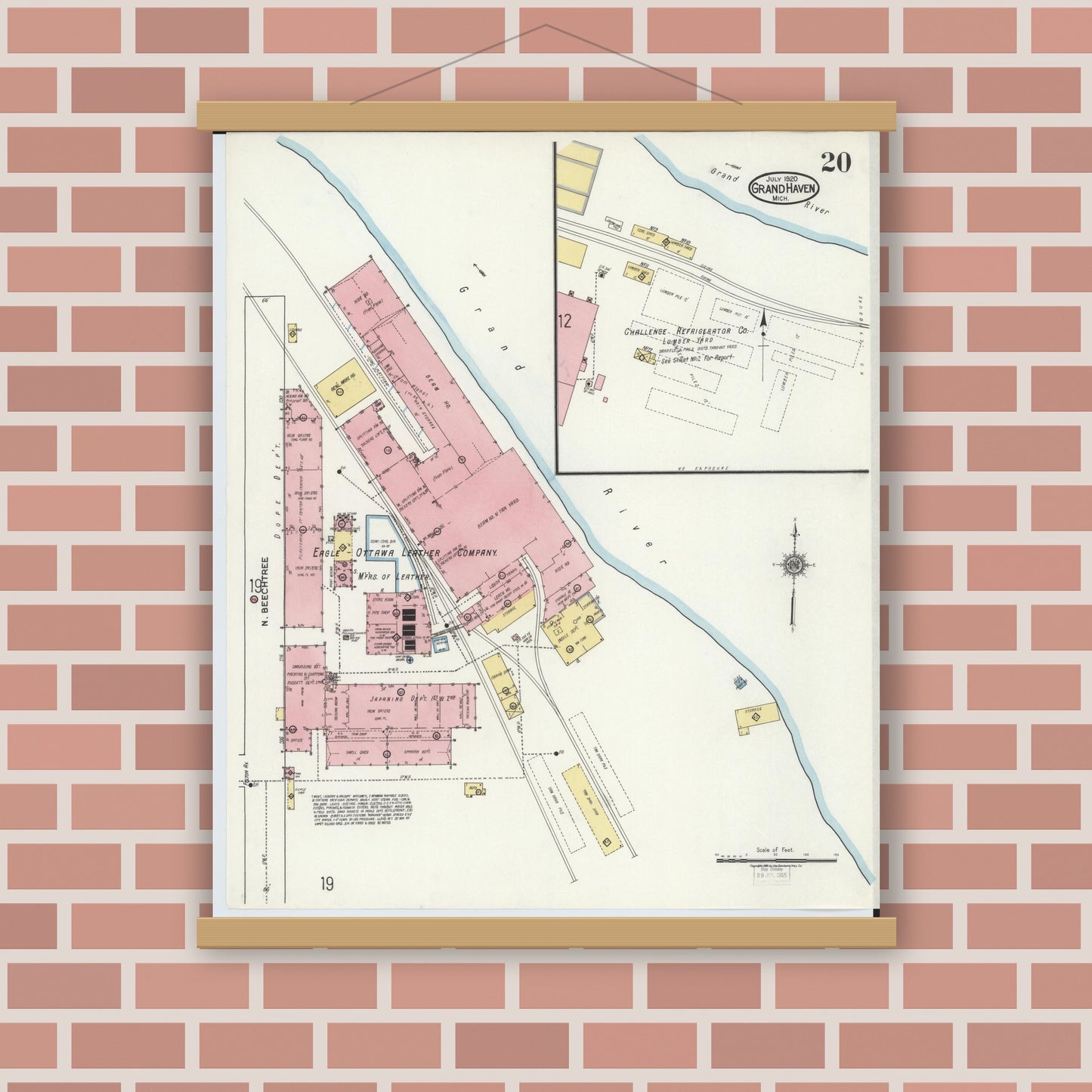 Old map wall art mockup — magnetic wood frame on brick wall — Sanborn Fire Insurance Map from Grand Haven, Ottawa County, Michigan (1920), Sheet #0020