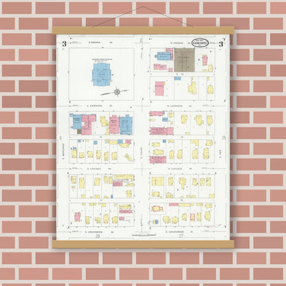 Old map wall art mockup — magnetic wood frame on brick wall — Sanborn Fire Insurance Map from Kankakee, Kankakee County, Illinois (1930), Sheet #0003