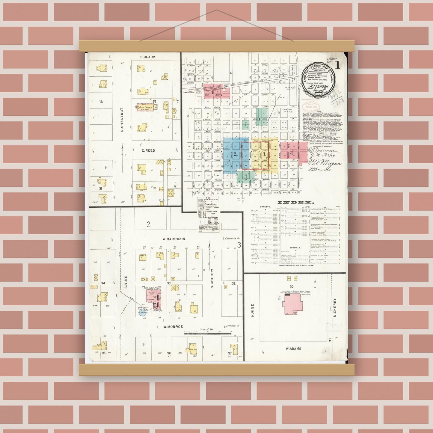 Old map wall art mockup — magnetic wood frame on brick wall — Sanborn Fire Insurance Map from Jefferson, Greene County, Iowa (1898) â€” Complete Set