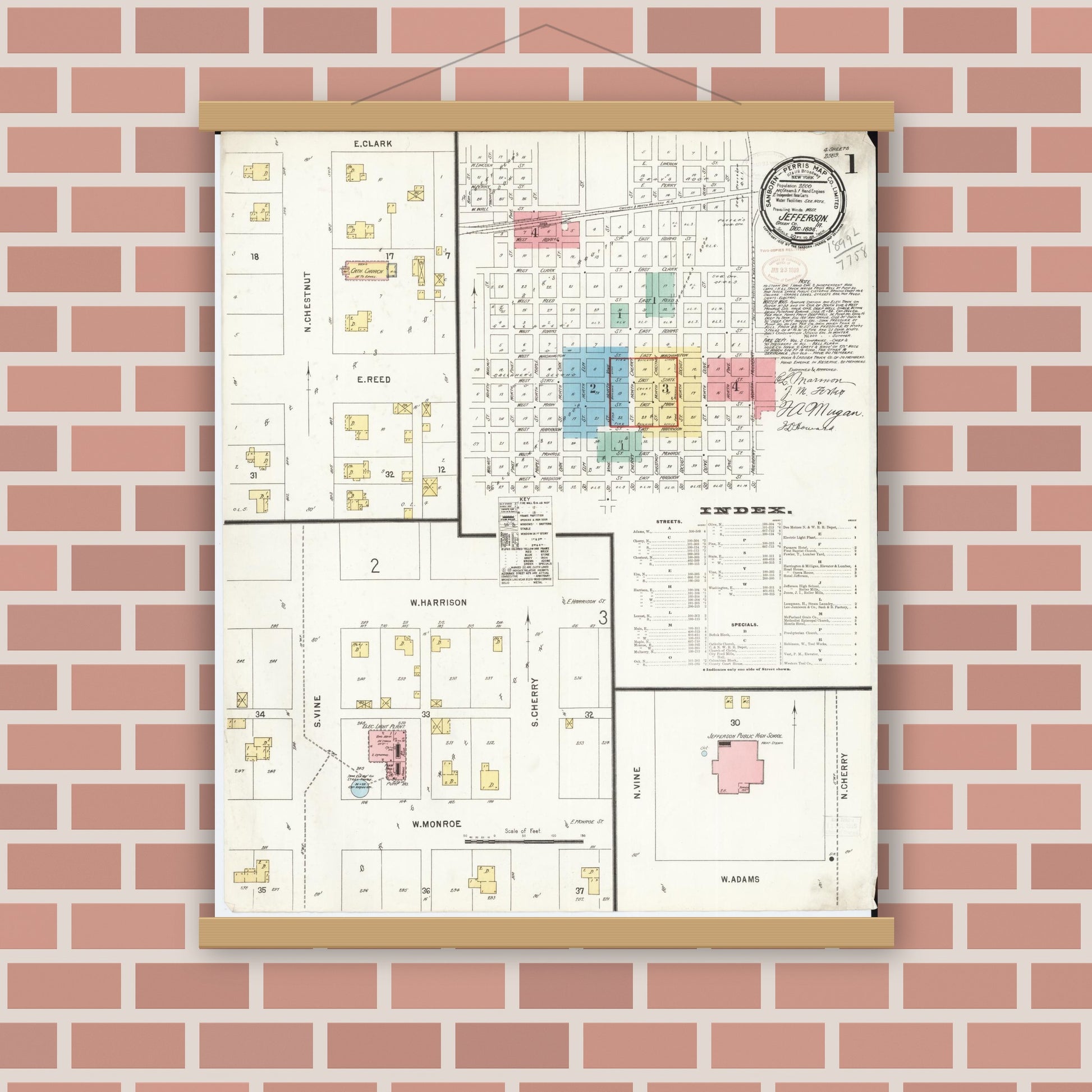 Old map wall art mockup — magnetic wood frame on brick wall — Sanborn Fire Insurance Map from Jefferson, Greene County, Iowa (1898) â€” Complete Set