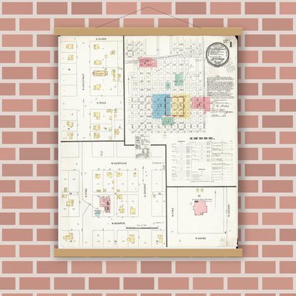 Old map wall art mockup — magnetic wood frame on brick wall — Sanborn Fire Insurance Map from Jefferson, Greene County, Iowa (1898) â€” Complete Set