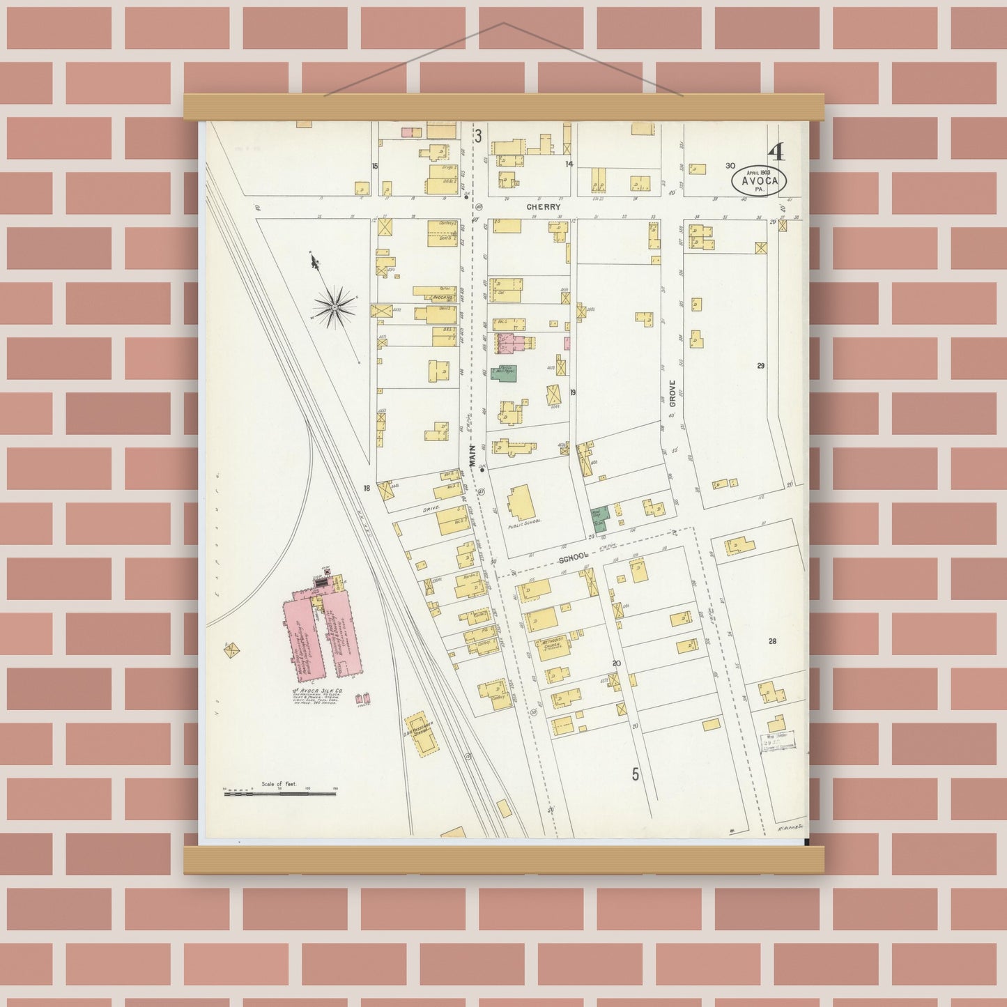 Old map wall art mockup — magnetic wood frame on brick wall — Sanborn Fire Insurance Map from Avoca, Luzerne County, Pennsylvania (1903), Sheet #0004